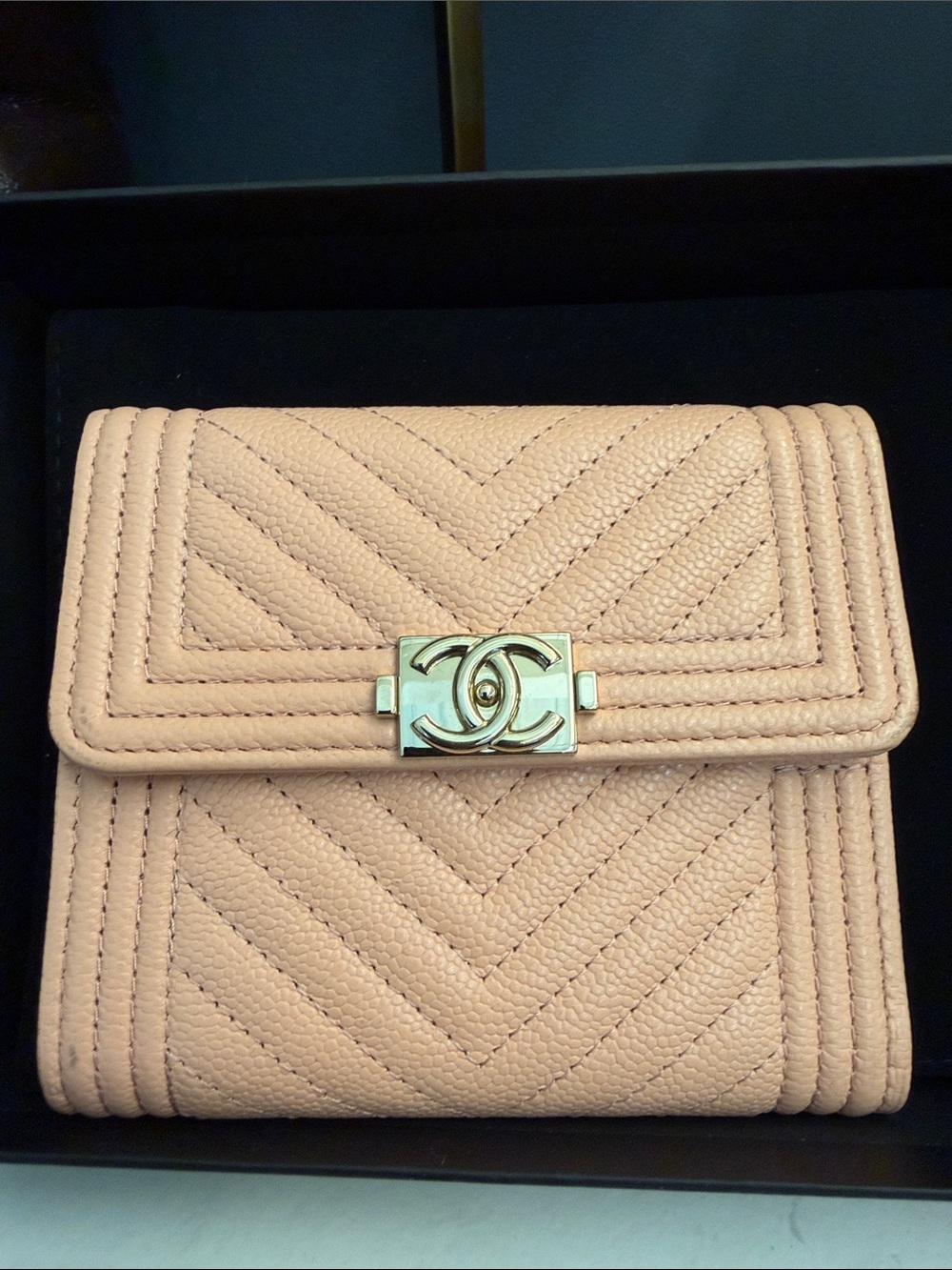 CHANEL Chevron Quilted Small Wallet in Pale Pink with Gold-Tone CC